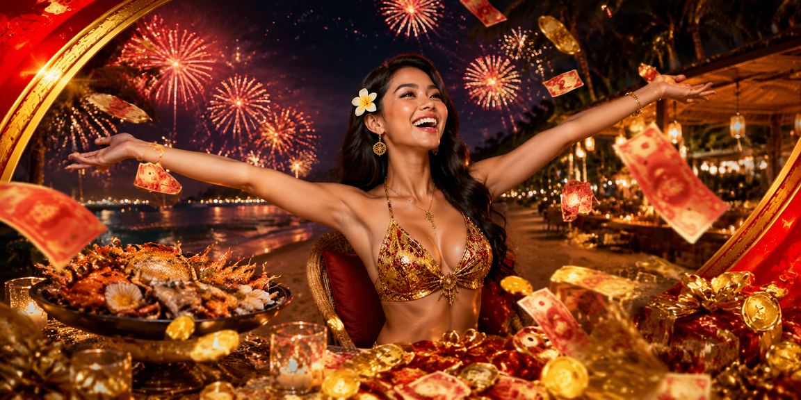 Pengguna menerima cashback bonus di tepi pantai dengan suasana tropis yang cerah