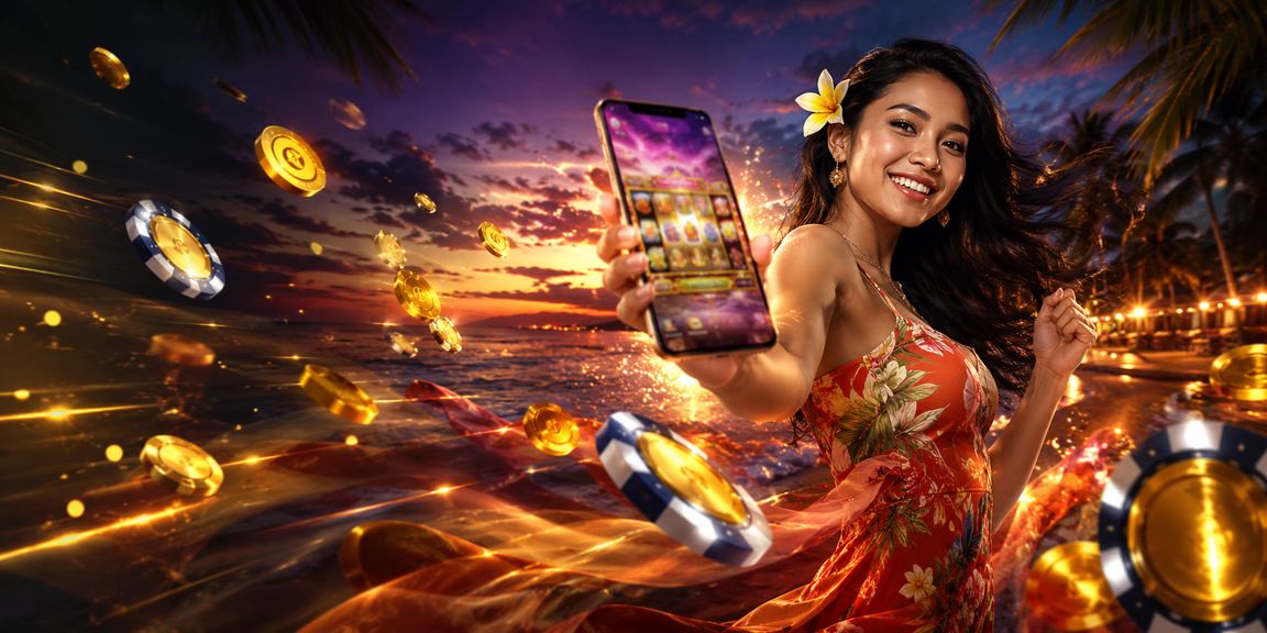 Seseorang memainkan kasino mobile di tepi pantai menggunakan smartphone dengan tampilan cerah