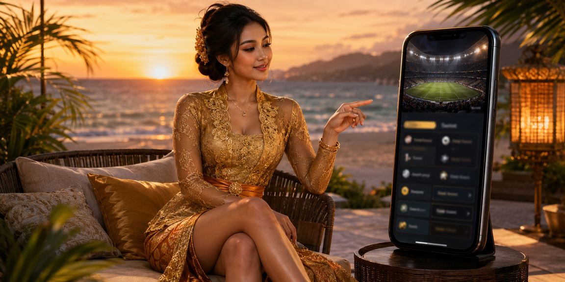 Pengguna menikmati taruhan olahraga live di tepi pantai Indonesia dengan perangkat seluler